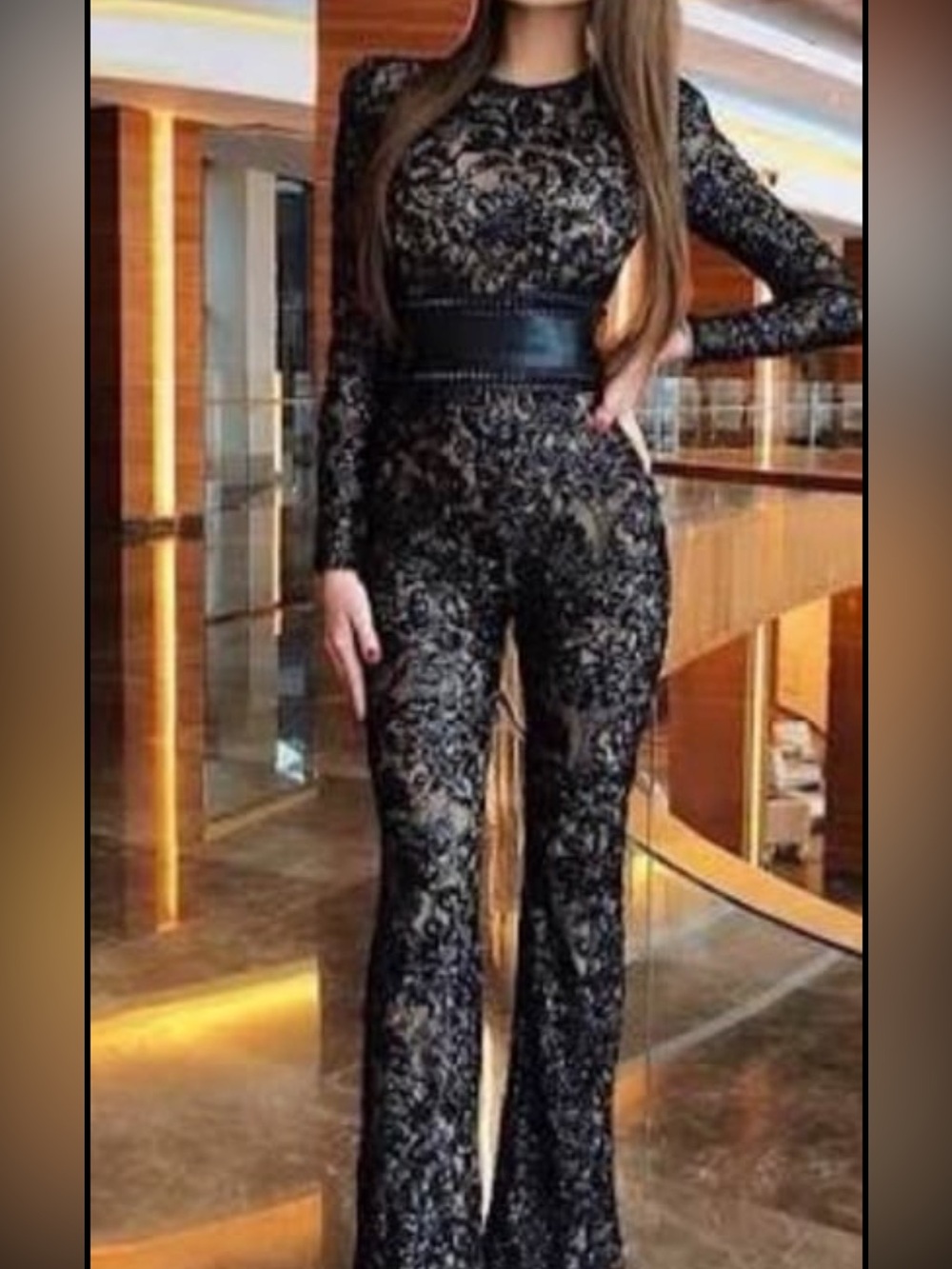 NADINE MERABI Black Lace Boot-Cut Jumpsuit with Waist Panel